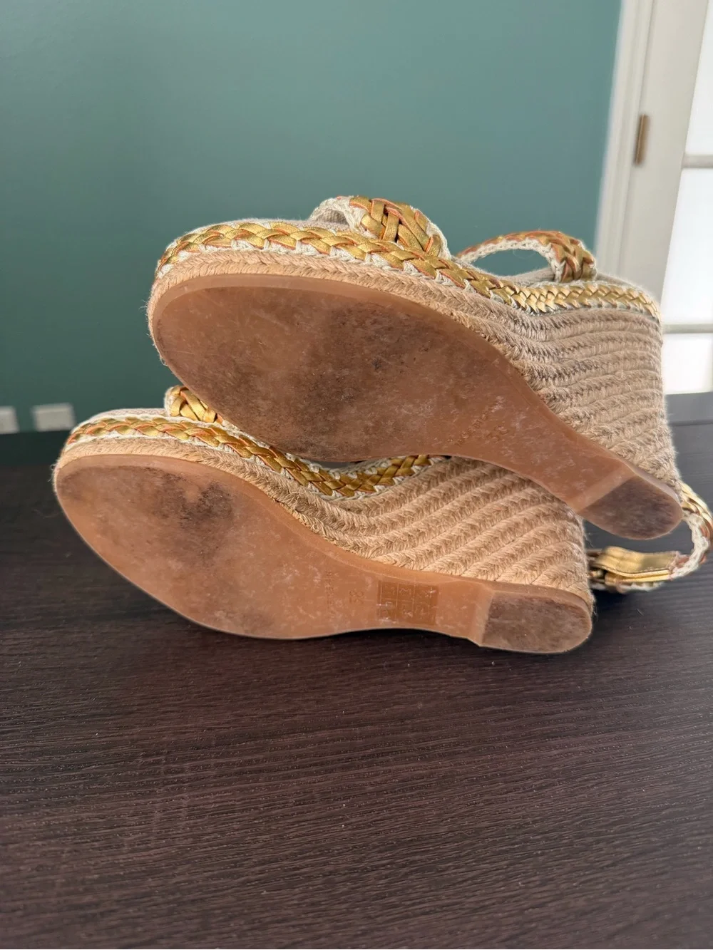 Tory Burch Metallic Gold Braided Espadrille Wedge Sandals Euro 38, US 8
